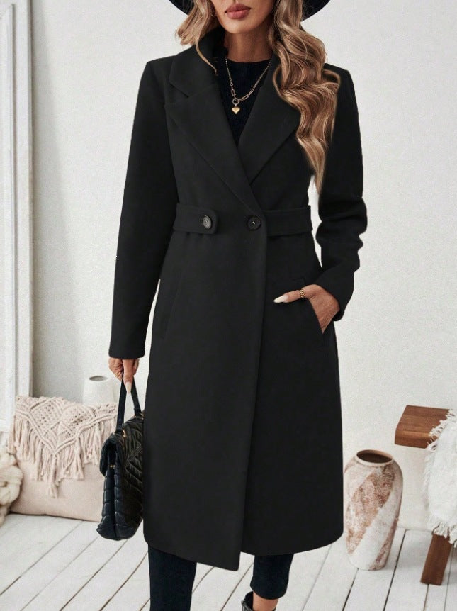 Women's solid-color wool coat with lapel and double-breasted design by My Store