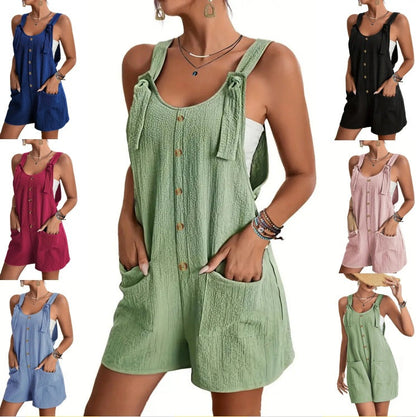 Casual and stylish strap shorts jumpsuit in a relaxed fit, front view