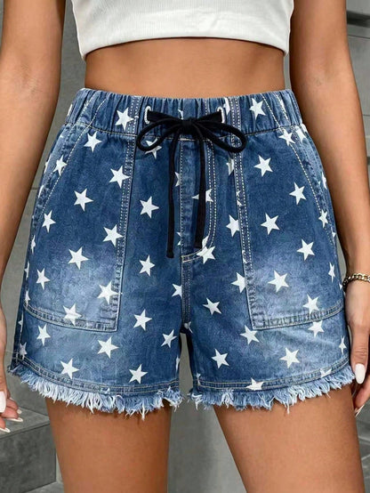 Women's denim shorts with elastic waist and drawstring waistband on My Store model
