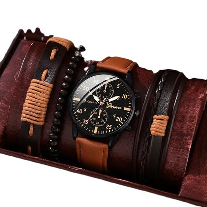 Single calendar fake three-eye canvas quartz watch bracelet set in black canvas with analog watch face
