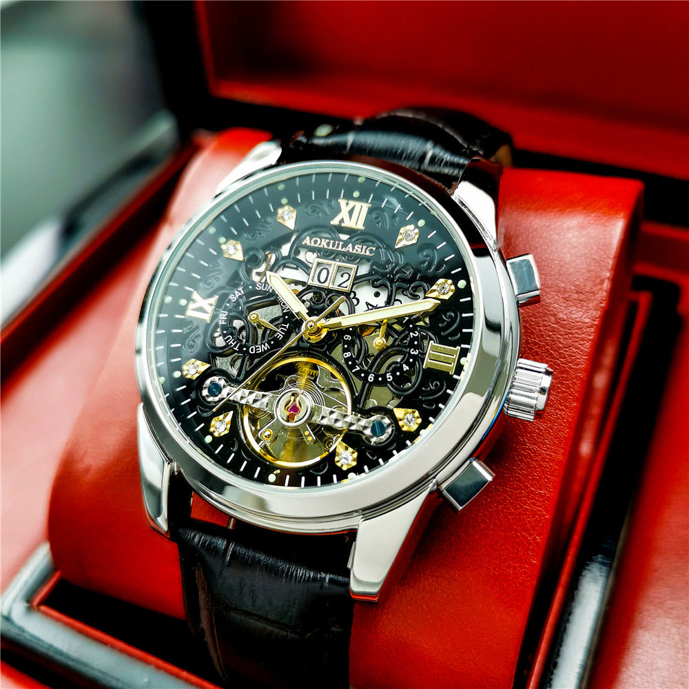 Men’s large-rotor skeleton automatic mechanical watch with exposed movement and classic wristwatch design