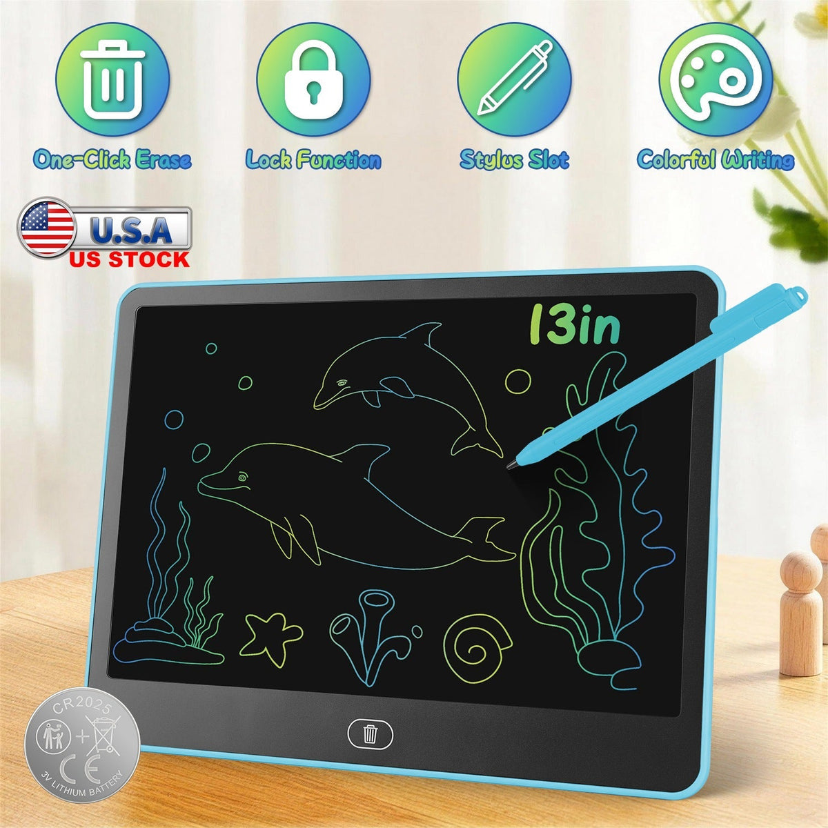 GBruno Store LCD writing tablet for kids with stylus and lock function, displaying a colorful drawing on the screen.