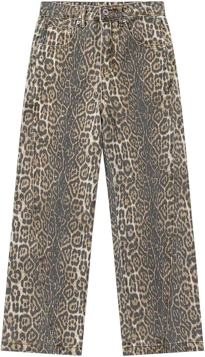 Y2K Leopard Flare Jeans - High Waisted Baggy Fit