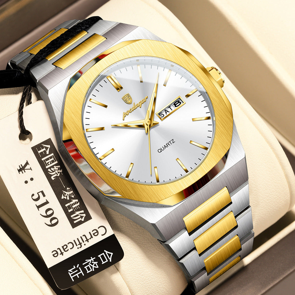 Men's waterproof luminous quartz watch with a dark dial and adjustable wristband