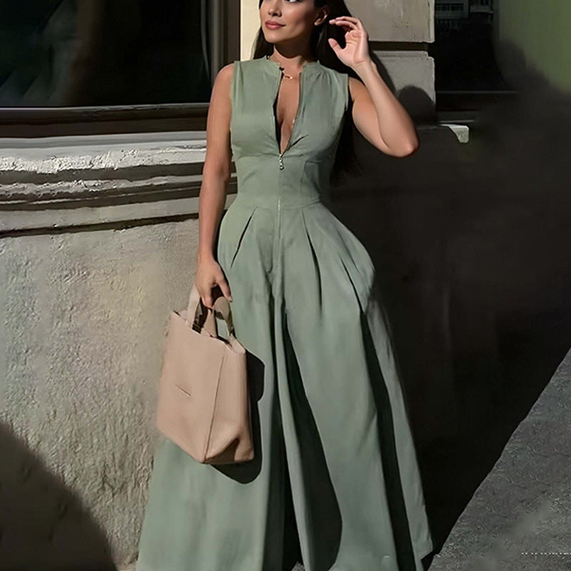Women's solid-color casual wide-leg jumpsuit in European and American style, loose summer fit