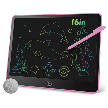 GBruno Store LCD writing tablet for kids with stylus and lock function, showing a colorful drawing on the screen.