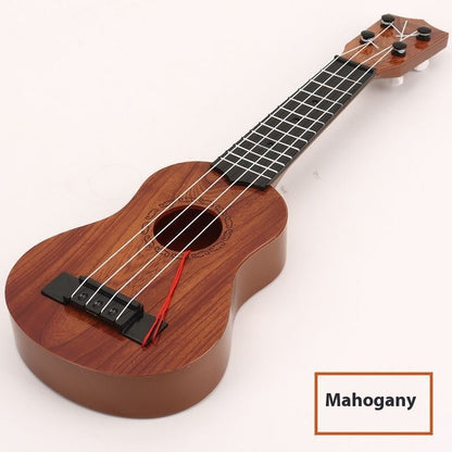 Ukulele guitar musical instrument toy with four strings and wooden-style body