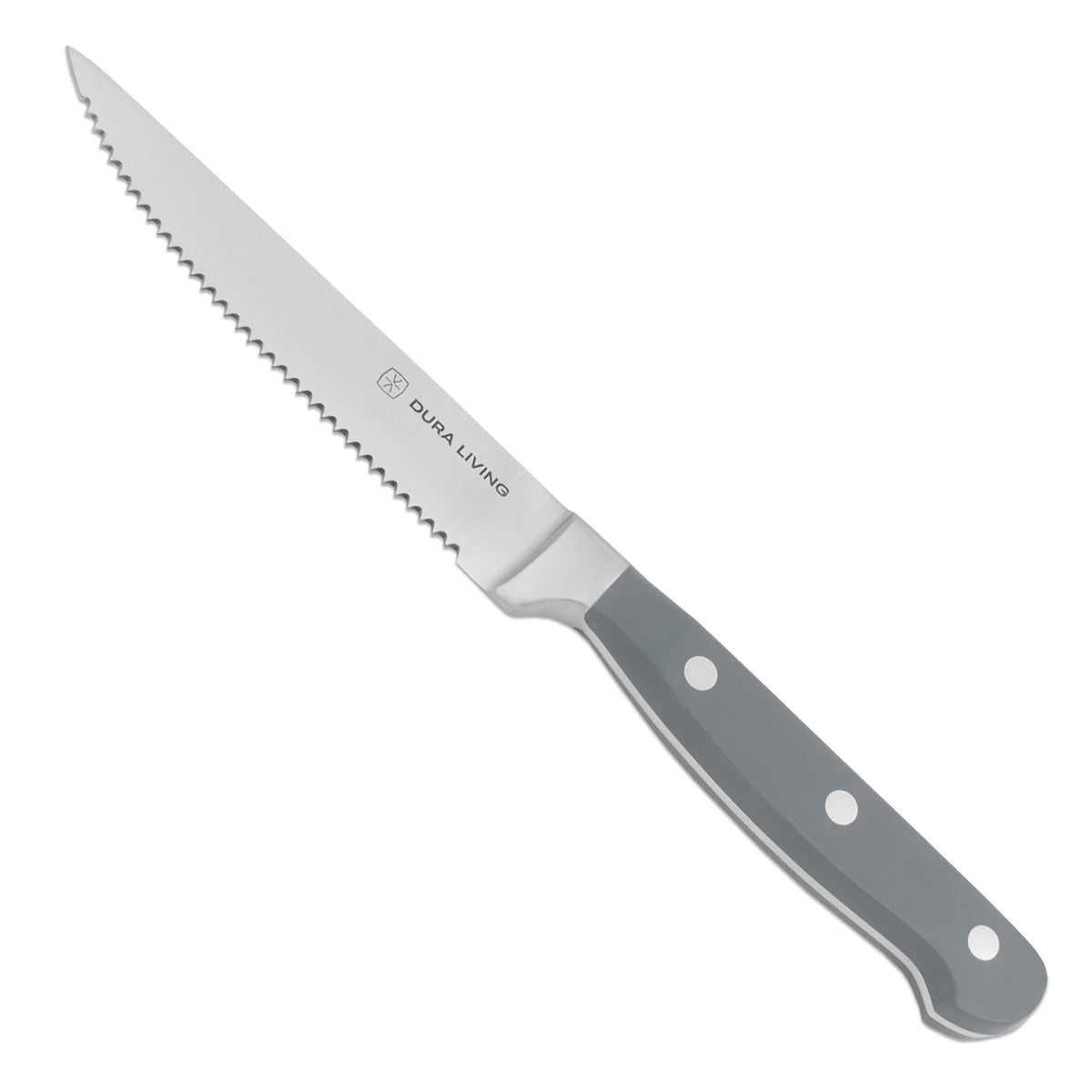 Set of four Dura Living gray steak knives with stainless steel blades and ergonomic handles, displayed on a wooden table.