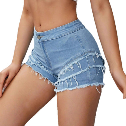 Slim-fit stretchy patchwork denim shorts with minimalist design and visible front pockets