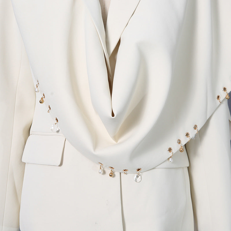 Waterfall draped pearl crystal bead trim asymmetrical tailored blazer by My Store
