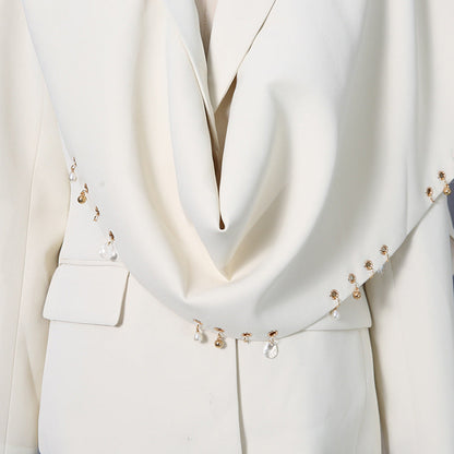 Waterfall draped pearl crystal bead trim asymmetrical tailored blazer by My Store
