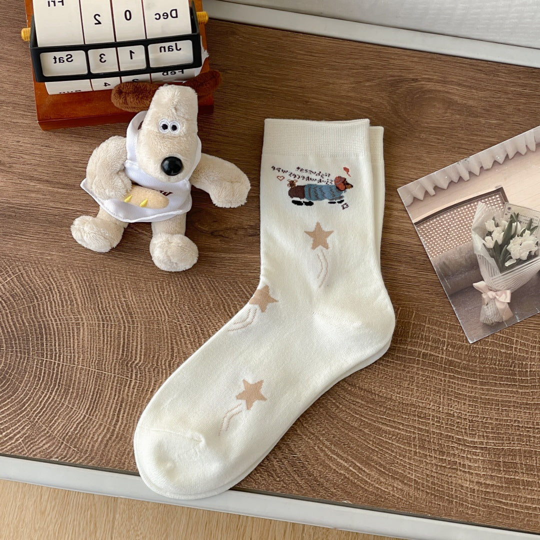 Cartoon dachshund socks for women featuring playful dog illustrations in a cozy knit design