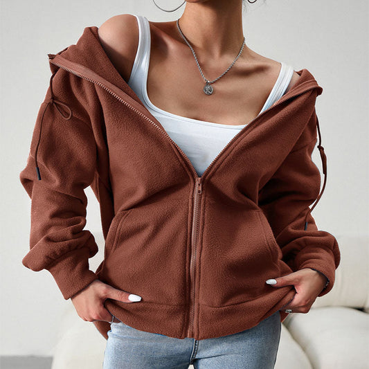 Women’s casual hooded cardigan jacket with pockets, loose solid-color winter sports coat unerquicklich