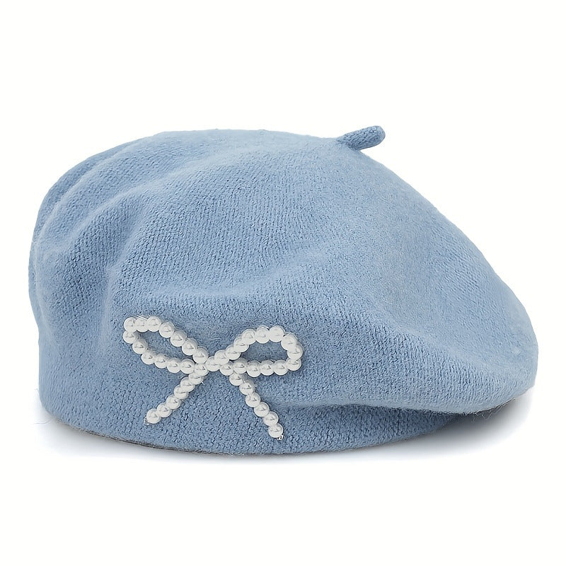 Pearl bow wool breathable beret by My Store in a classic, elegant design