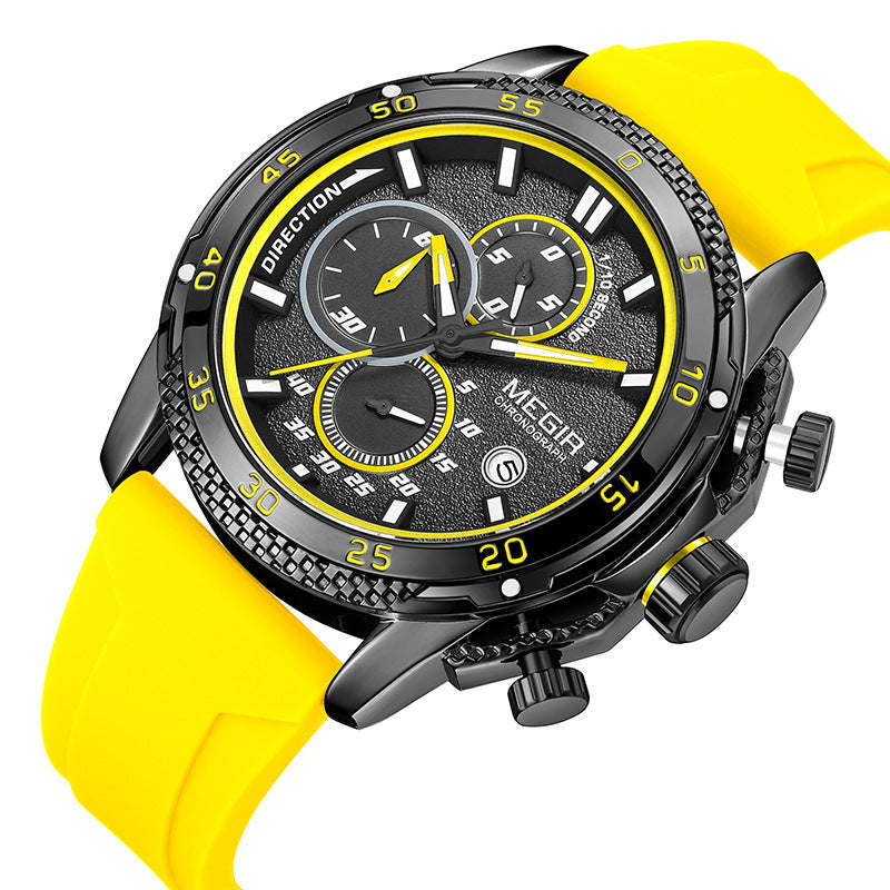 Multifunctional three-eye chronograph watch with black silicone strap and detailed dial