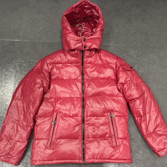 Men's white duck down winter jacket with split cap and shiny finish