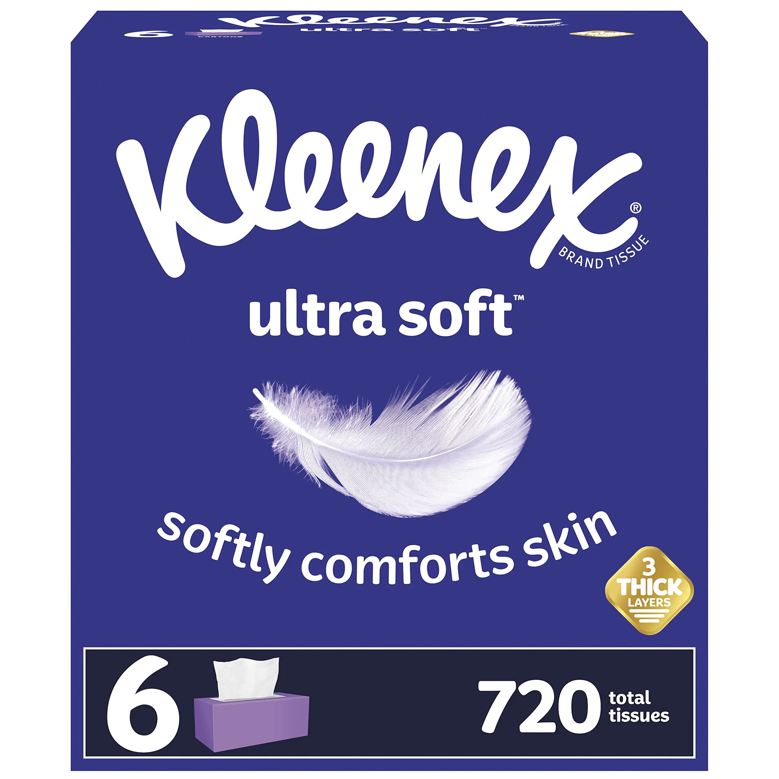 Kleenex Ultra Soft Facial Tissues Soft Facial Tissue 6 Flat Boxes 120 Tissues per Box 3-Ply (720 Total Tissues)