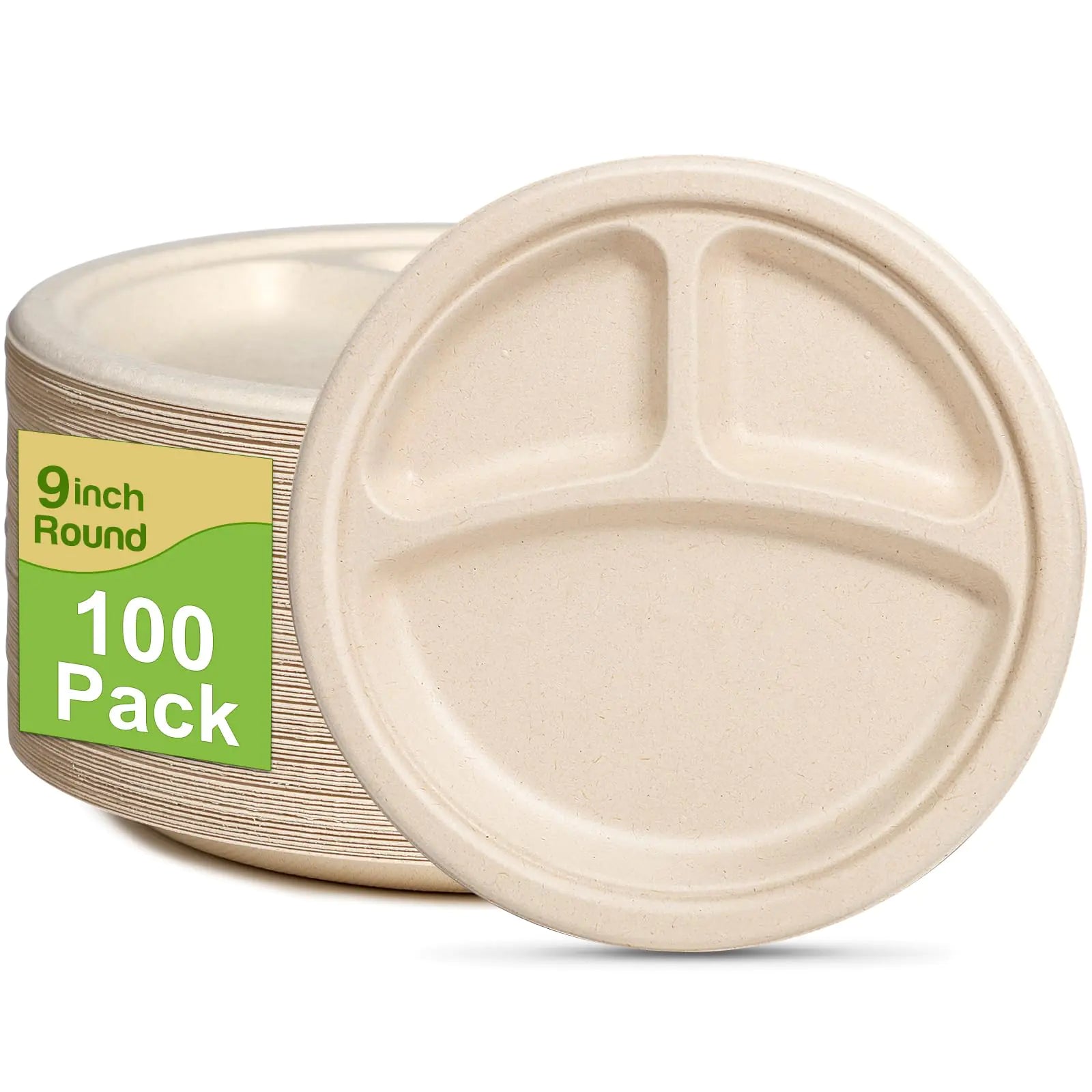 GREENESAGE Compartment Plates Disposable 100 Pack Paper Plates 9 inch Eco Friendly Biodegradable Compostable Paper Plates Heavy Duty Paper Plates with Dividers for Everyday