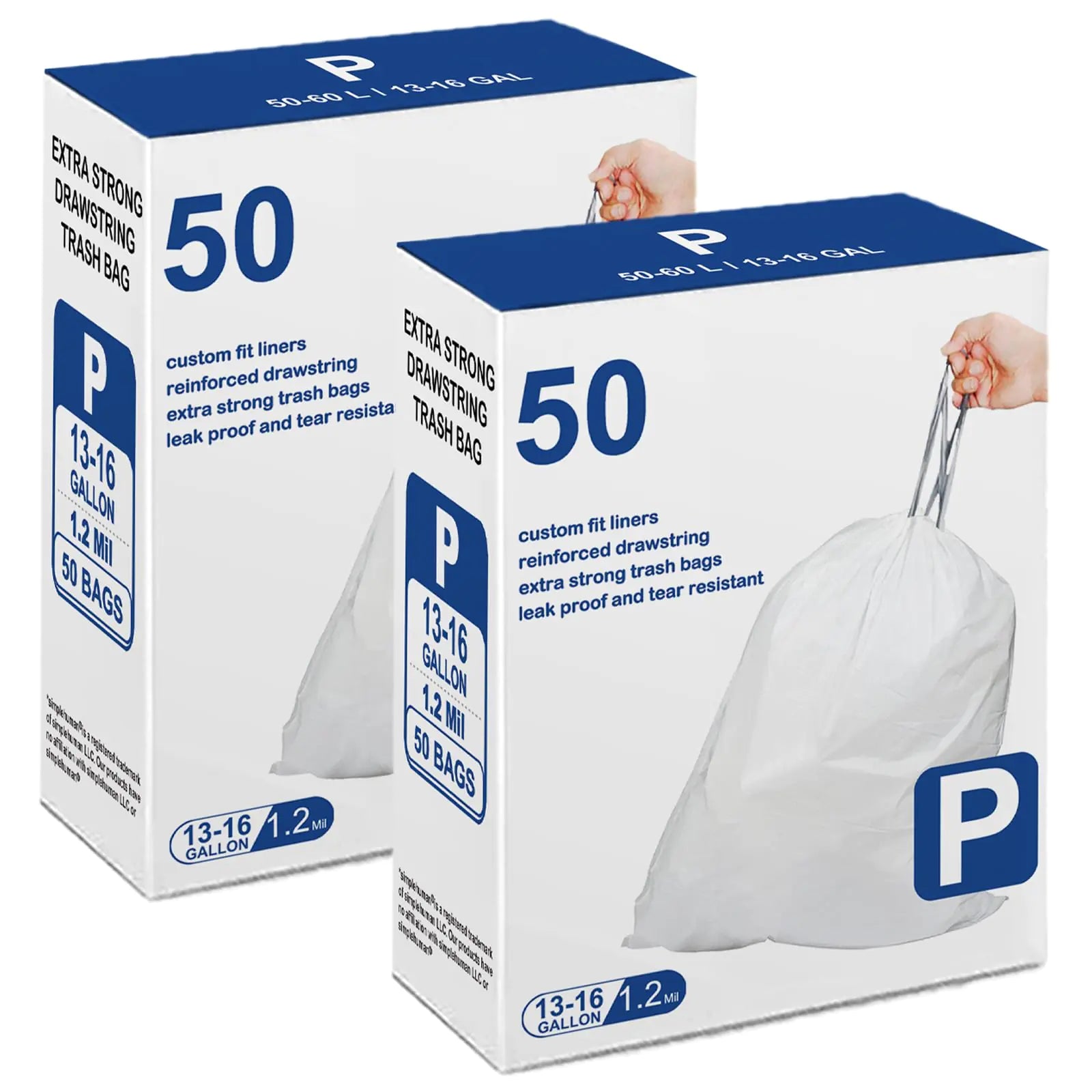 Code P Heavy Duty Trash Bags 1.2 MIL THICK 13-16 Gallon / 50-60 Liter Drawstring White Garbage Can Liners Compatible with simplehuman Code P 50 Count 2 Pack 100 Count Total