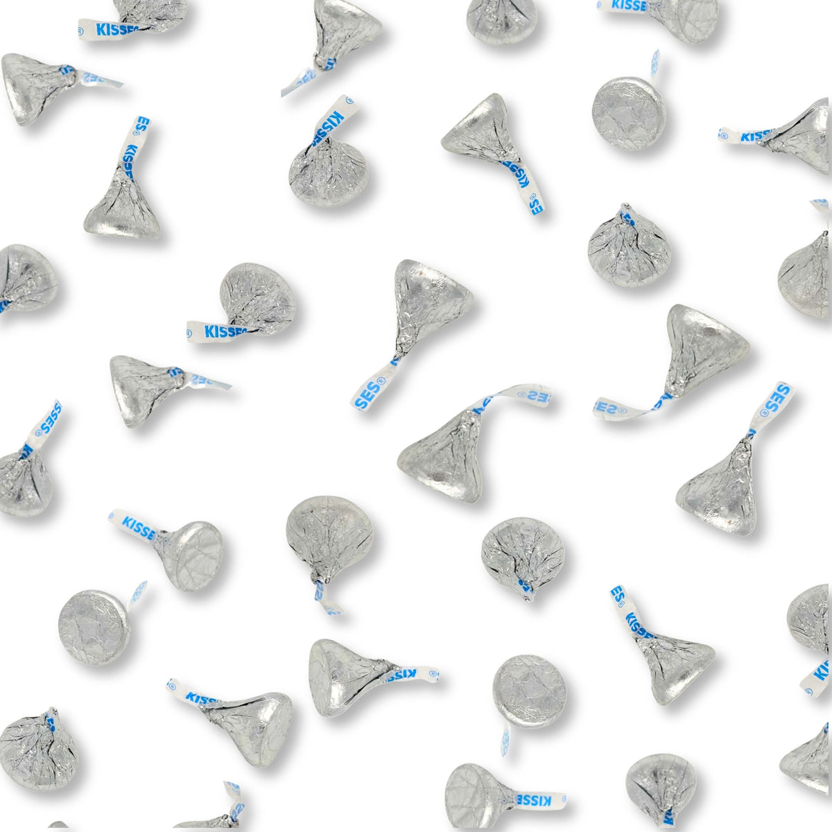 Two Hershey's Kisses Milk Chocolate chocolates wrapped in silver foil from Candy In Bulk, shown in a bulk value bag.