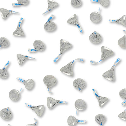 Two Hershey's Kisses Milk Chocolate chocolates wrapped in silver foil from Candy In Bulk, shown in a bulk value bag.