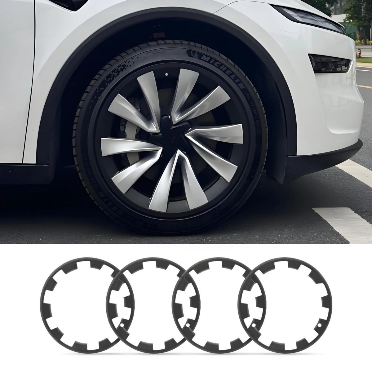 Set of four 20-inch Tesla Model Y Juniper wheel rim protectors, durable wheel covers to prevent damage and enhance style.