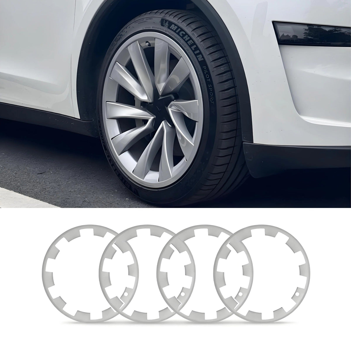 Set of four 20-inch wheel rim protectors for Tesla Model Y Juniper, designed to shield rims from damage and enhance appearance.