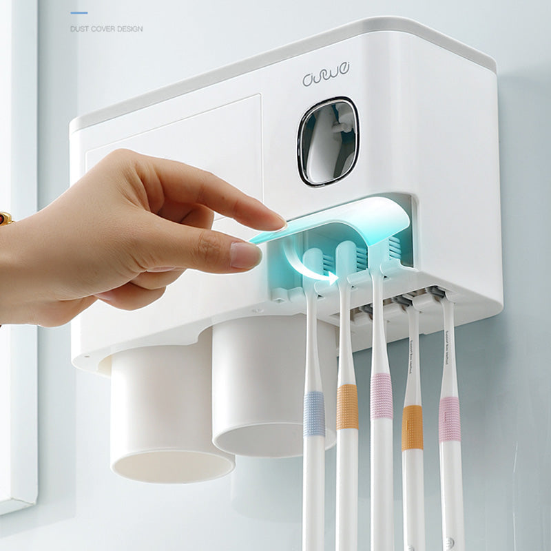 Non-marking hanging magnetic toothbrush holder with single drawer, toothpaste squeezer and toiletry storage rack