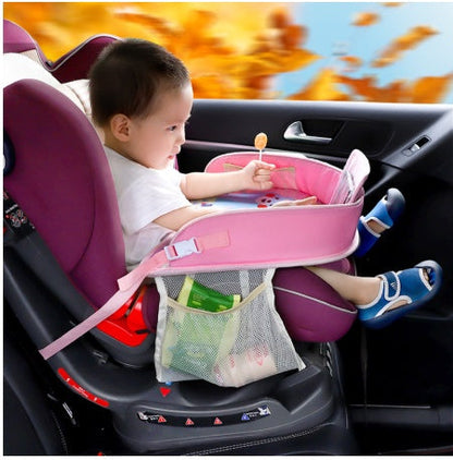Baby car seat tray table with cup holder and activity surface, front view