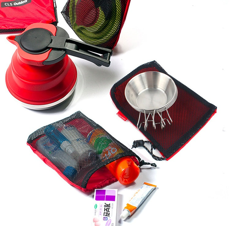 Five-piece Oxford drawstring bags in assorted colors, reusable storage pouches shown together