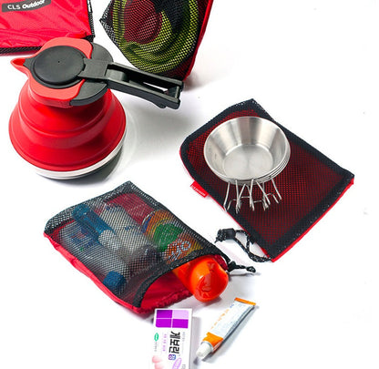 Five-piece Oxford drawstring bags in assorted colors, reusable storage pouches shown together