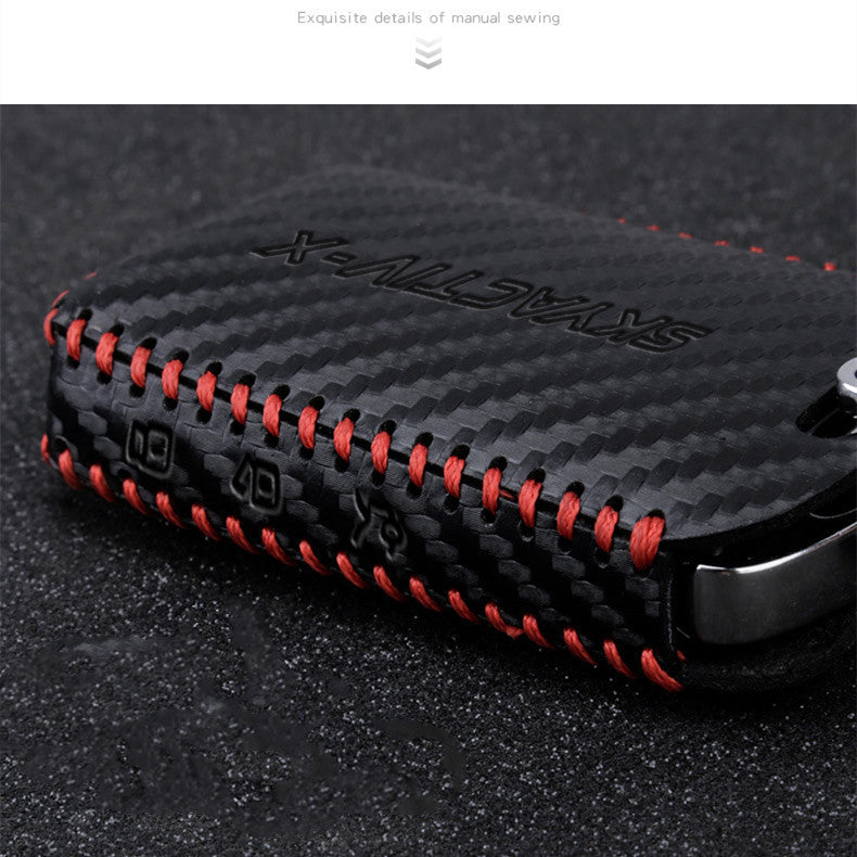 Black leather car key case with key ring and snap closure