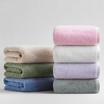 Pure cotton plus thickened bath towel, soft textured fabric in close-up view