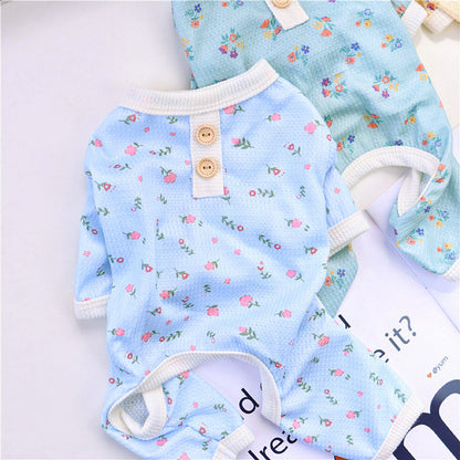 Pet dog summer four-legged homewear pajamas in lightweight fabric, full-body design for comfortable indoor wear