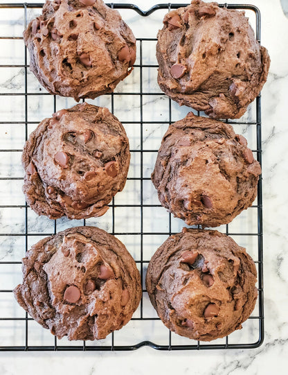 Let's Get Baked Artisan Desserts Death by Chocolate cookie dozen, rich and chocolatey cookies arranged on a tray.