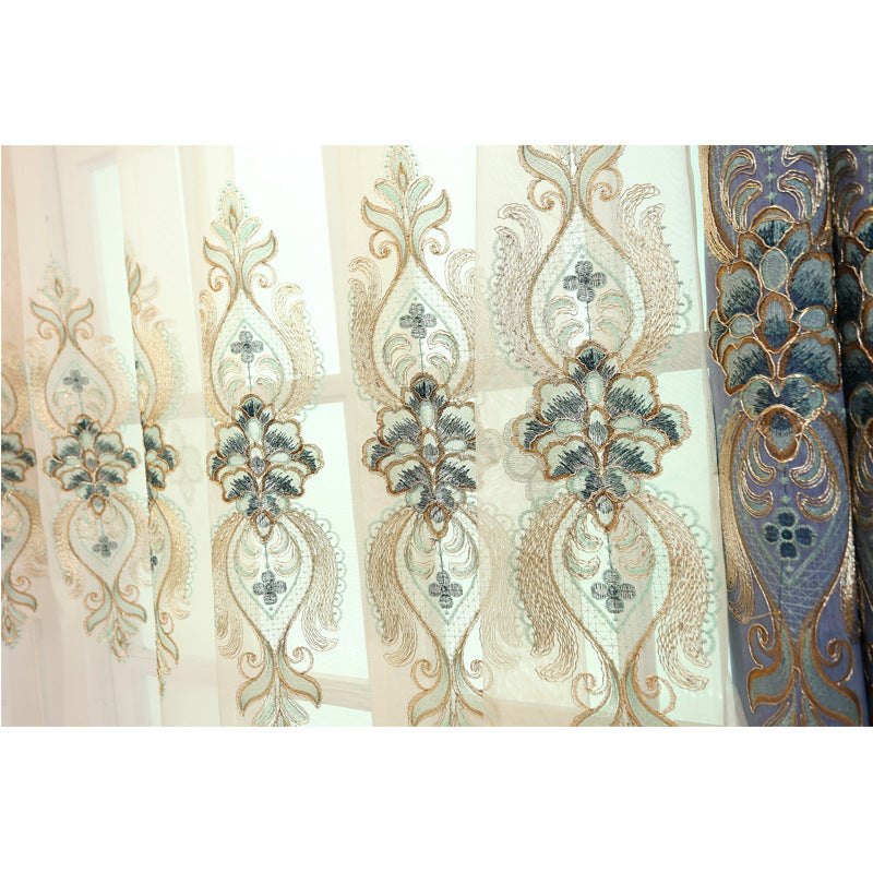 Slub cotton embroidery curtain fabric with textured weave and decorative embroidered details