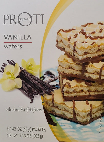 AmBari Nutrition Proti Wafer Squares bars showing chocolate-covered wafer squares with crisp layers and creamy filling.