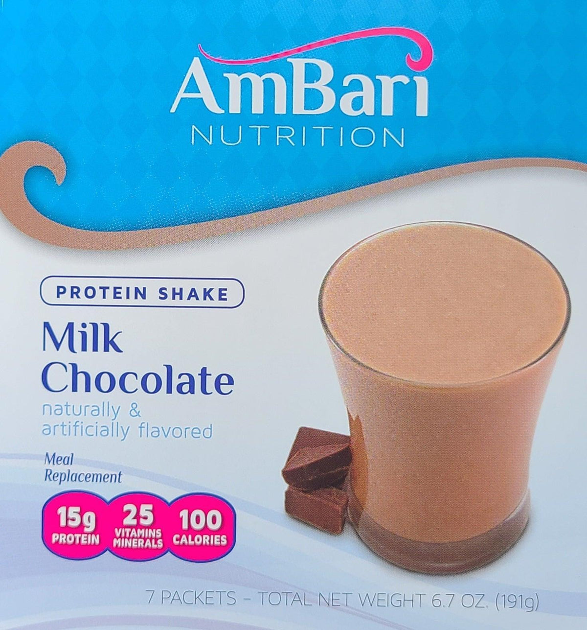 Creamy milk chocolate shake by AmBari Nutrition in a clear glass, topped with whipped cream and chocolate drizzle.