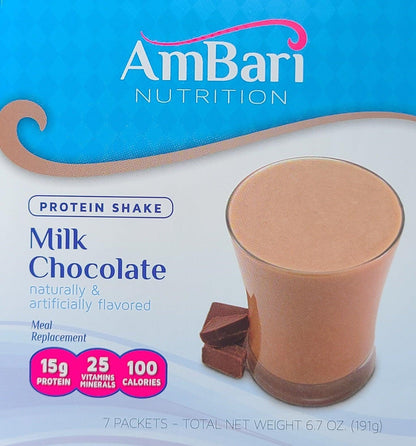 Creamy milk chocolate shake by AmBari Nutrition in a clear glass, topped with whipped cream and chocolate drizzle.