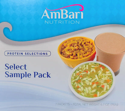 Assorted variety pack of AmBari Nutrition Select Sample Pack with multiple supplement bottles on a white background.
