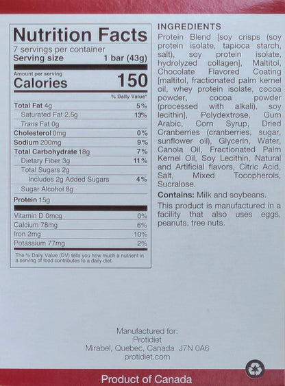 AmBari Nutrition Raspberry Dark Chocolate Squares ProtiDiet bars with rich dark chocolate and raspberry flavor, shown in the image.