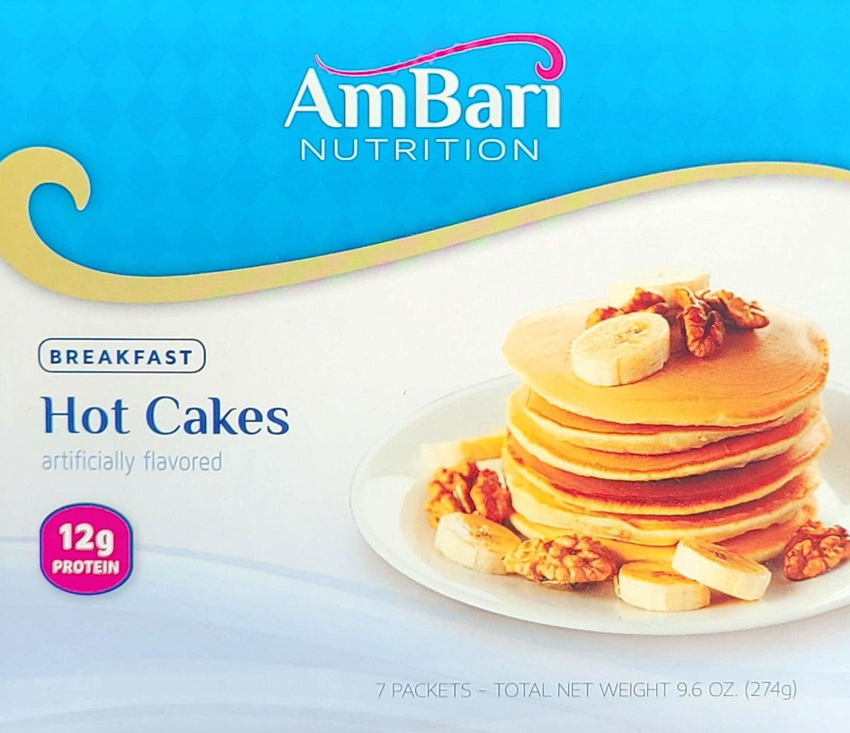 Stack of golden-brown AmBari Nutrition hot cakes pancakes served on a plate, ready to enjoy as a delicious breakfast food.