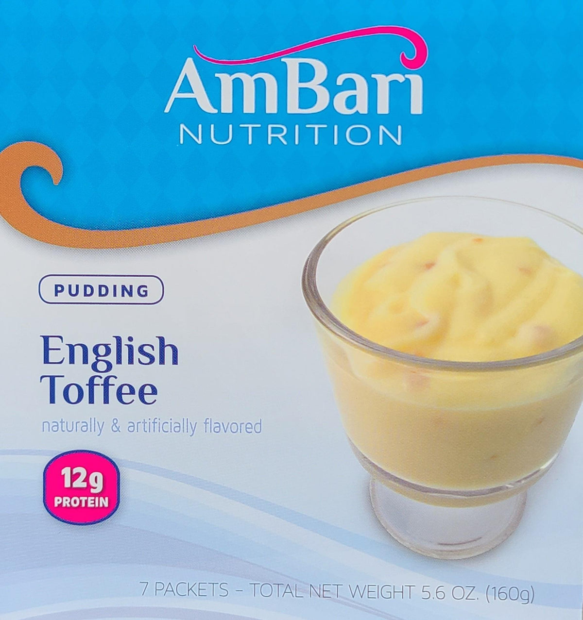 AmBari Nutrition English Toffee Pudding food product in a bowl, showcasing rich toffee flavor and creamy texture.