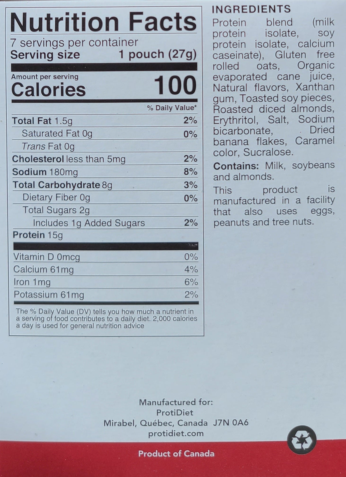 Banana Nut Oatmeal by ProtiDiet, a nutritious foods product from AmBari Nutrition, displayed in a bowl with bananas and nuts.