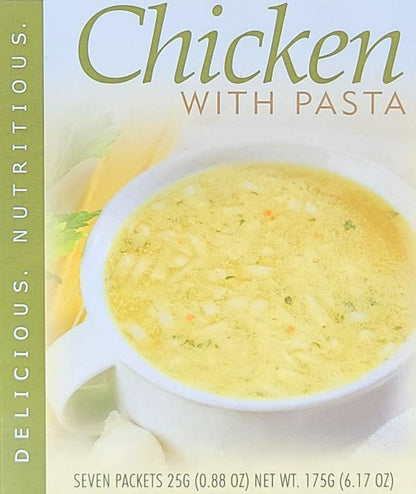 A bowl of chicken pasta soup by AmBari Nutrition with tender chicken, pasta, and vegetables in a savory broth.