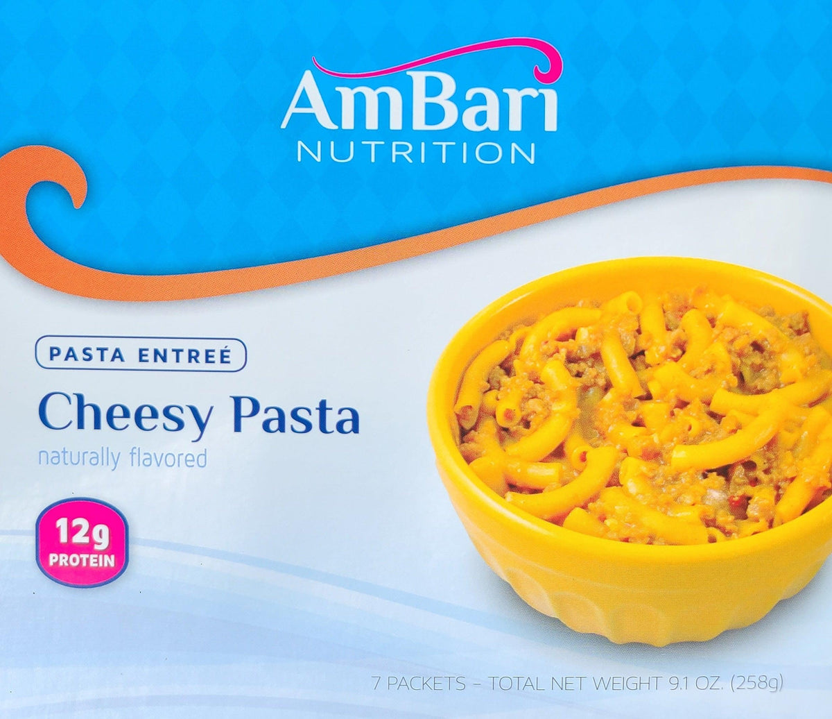 Creamy cheesy pasta from AmBari Nutrition served in a bowl, showcasing a rich, melted cheese sauce over tender pasta.