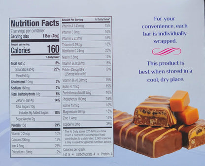 AmBari Nutrition chocolate caramel wafer bars showing crispy layers and caramel filling, ideal for a sweet snack.