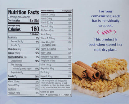 AmBari Nutrition Cinnamon Crisp Bars showing crispy textured snack bars with cinnamon flavor and nut topping.