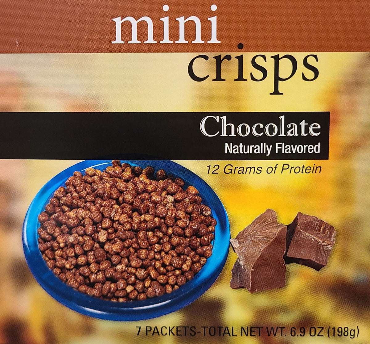 AmBari Nutrition Chocolate Mini Crisps in a bowl, showing small, crunchy chocolate snack pieces on a white background.