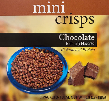 AmBari Nutrition Chocolate Mini Crisps in a bowl, showing small, crunchy chocolate snack pieces on a white background.